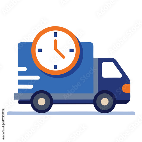 Blue Truck with Orange Clock Icon Vehicle Delivering on Time, Transportation Concept