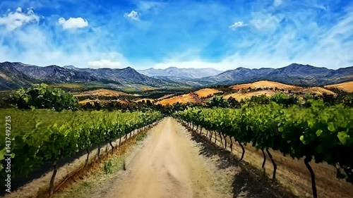 Scenic vineyard pathway under vibrant blue sky with mountain views