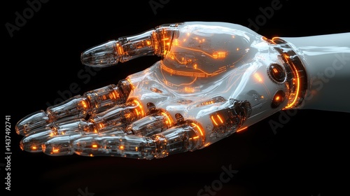 A futuristic, translucent robotic hand with glowing internal components.