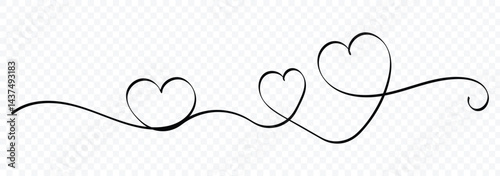 Heart lines. Continuous line drawing of two hearts on transparent background. One line drawing heart. Hand drawn banner for valentine's day. Vector illustrator