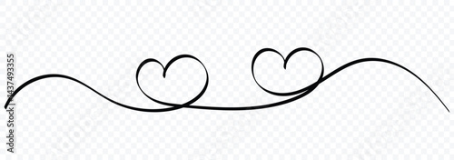 Heart lines. Continuous line drawing of two hearts on transparent background. One line drawing heart. Hand drawn banner for valentine's day. Vector illustrator