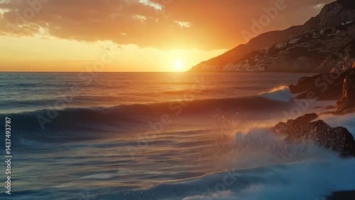 Majestic sunset waves crashing on rocky shoreline