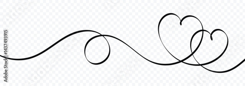 Heart lines. Continuous line drawing of two hearts on transparent background. One line drawing heart. Hand drawn banner for valentine's day. Vector illustrator