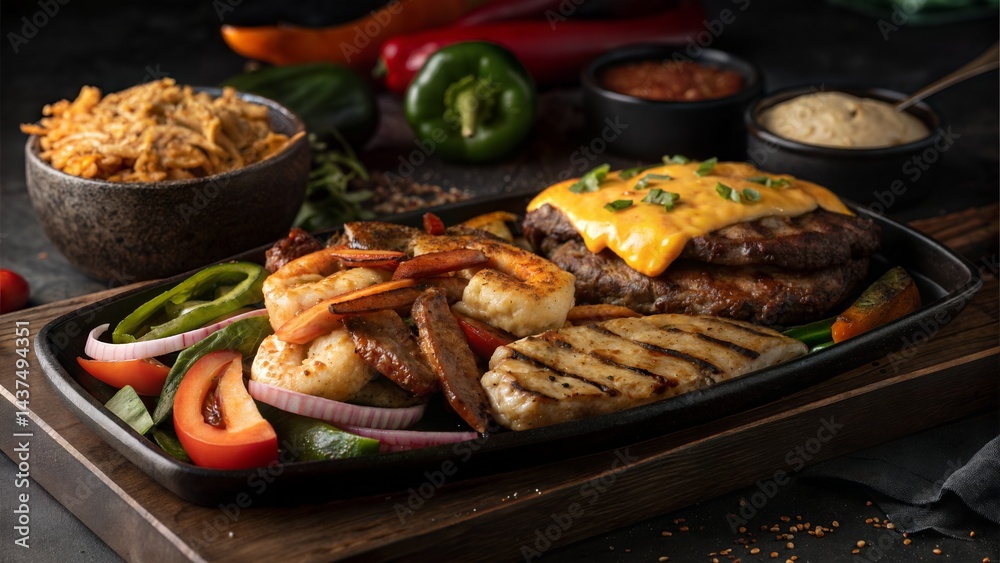 Luxurious Rustic Grilled Food with Juicy Meats Roasted Veggies and Cheese Dish
