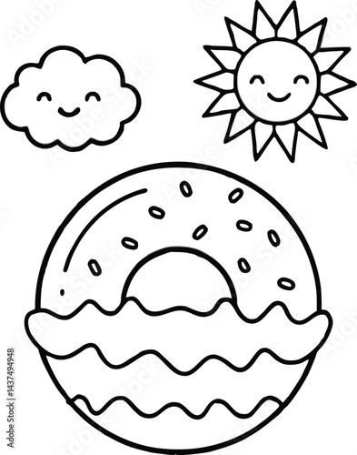 Rainbow Donut Coloring Page, surrounded by clouds, stars, and a smiling sun.