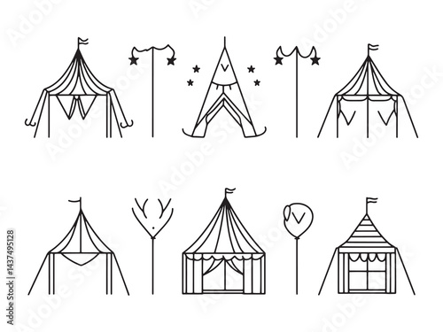 A vector illustration shows a red and white striped circus tent under an abstract sky with cartoon clouds, suggesting fun and entertainment at a carnival event