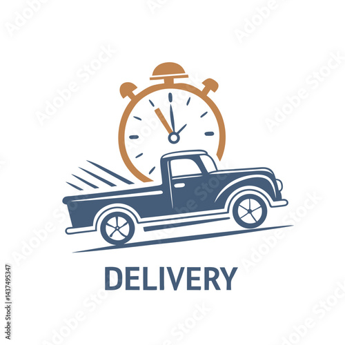 Speeding Blue Truck with Clock Icon, Isolated on White. Car Transportation Concept