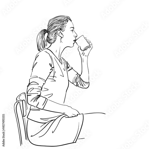 Hand-drawn vector illustration of a young woman with ponytail sitting sideways on a chair, drinking from a cup. Clean black and white line art without shading, capturing everyday coffee or tea moment