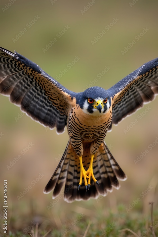 Fototapeta premium Peregrine falcon in flight grassy landscape