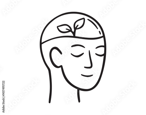 sprout growing inside brain man head doodle hand drawn icon. Outline drawing line clipart symbol sustainable eco thinking, creative idea development. 