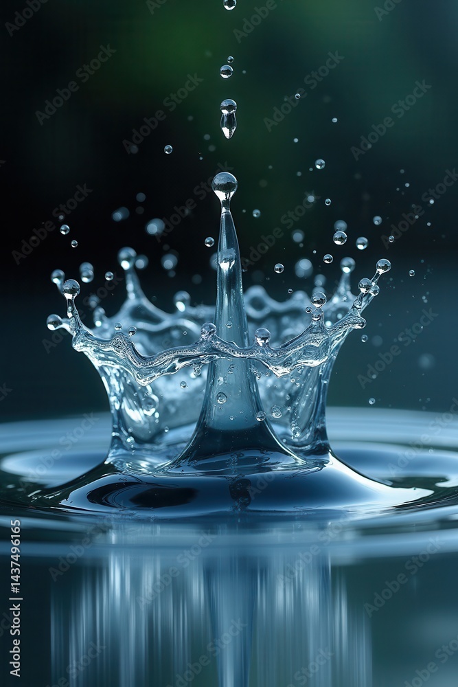 Water droplet creating splash reflection in nature scene