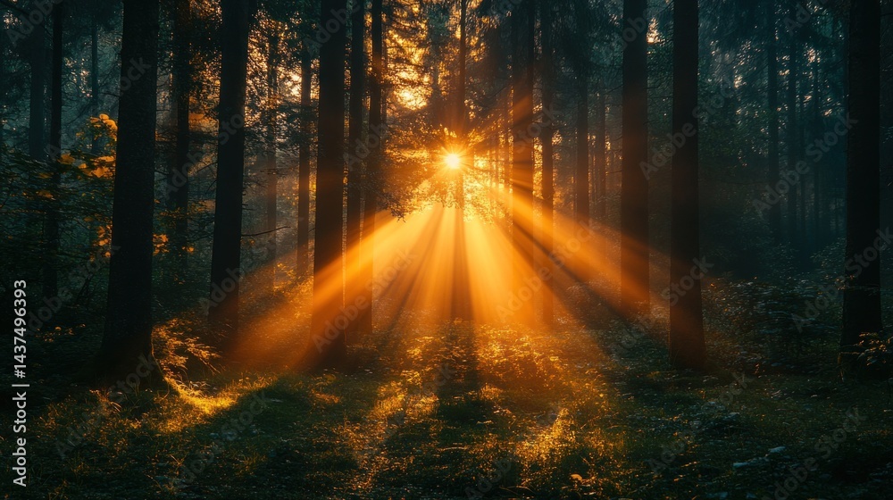 Fototapeta premium Golden sunlight beams through a misty forest
