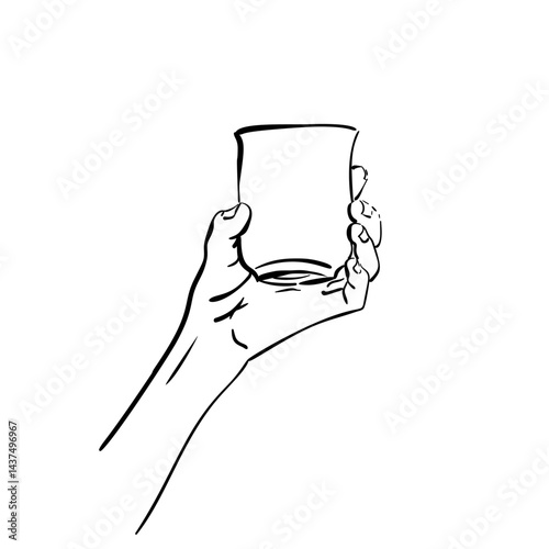 Hand-drawn vector illustration of a single hand holding a tea cup. Clean black and white line art without shading, perfect for beverage and hospitality concepts
