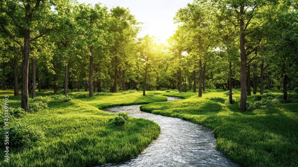 Lush green forest with a winding stream. Sunlight filters through the trees, creating a peaceful, tranquil scene Lush green forest with a winding stream. Sunlight filters through the trees, creating a peaceful, tranquil scene