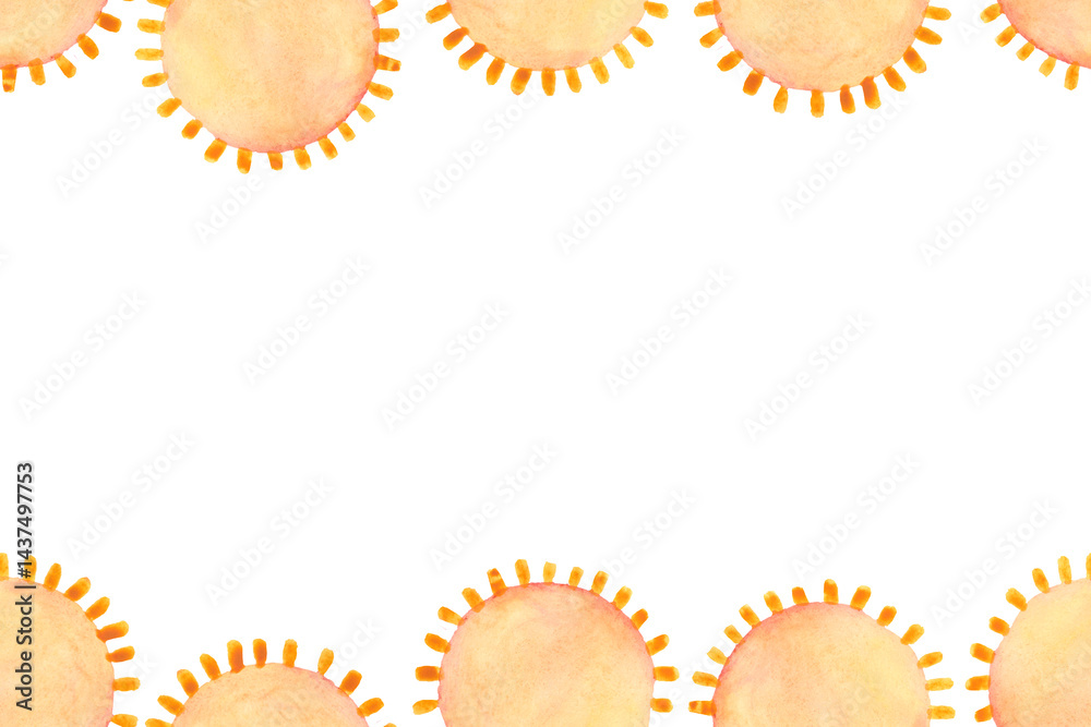 Seamless border of watercolor suns. Summer background for postcards, greetings and invitations