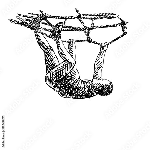 Hand-drawn vector of black man climbing rope net, athletic pose, strong grip, sports training, black and white sketch, dynamic, energetic line art style