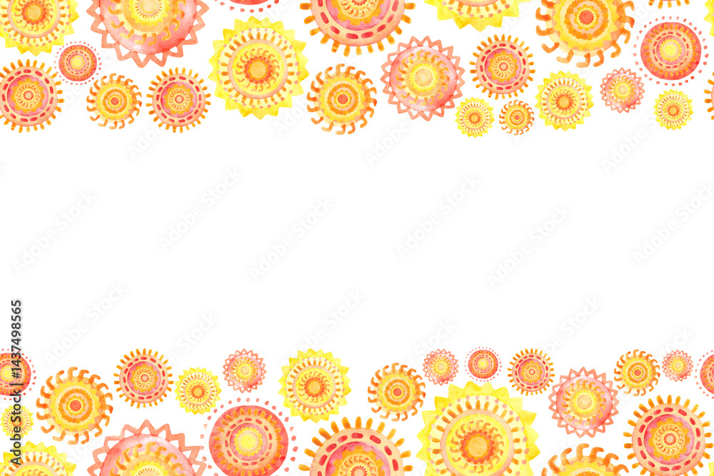 Seamless border of watercolor suns. Summer background for postcards, greetings and invitations