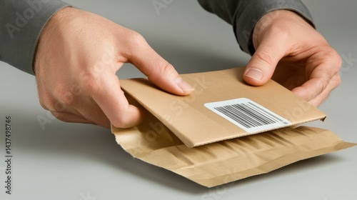 Hands carefully handling kraft paper package photo
