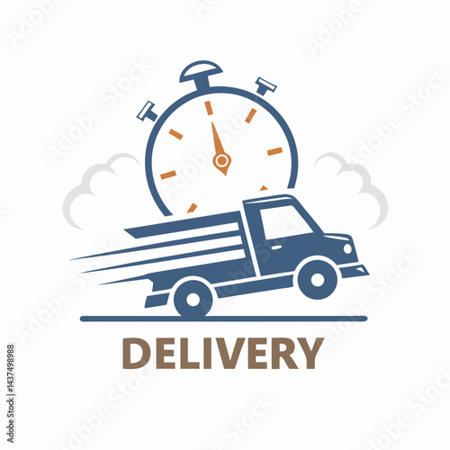 Stylized Icon Delivery Truck with Clock, Speed Lines, Logistics Illustration, Isolated