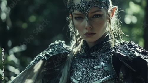 Portrait of an elven warrior princess in detailed armor, guarding ancient woodland