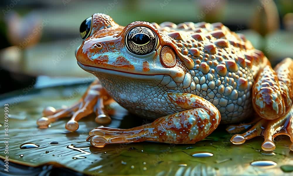 Ornate frog resting on water lily pad.
