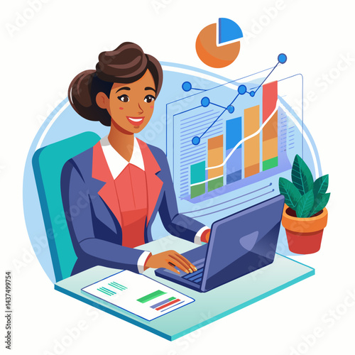 Indian businesswoman working on financial data, studying stock market trends, digital remote work on computer.