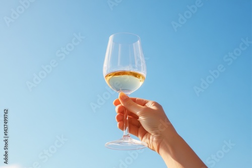 Hand raising a white wine glass against a clear blue sky  
