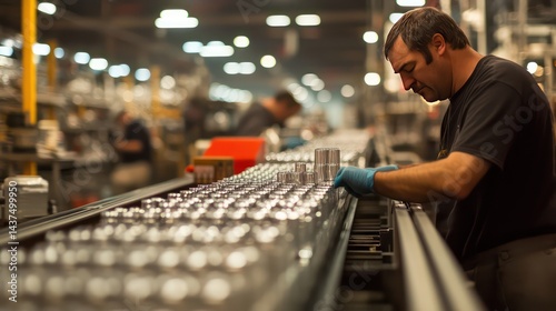 Factory worker inspects parts on assembly line