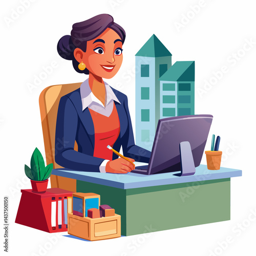 Indian female real estate agent reviewing property listings at her desk. Professional Indian woman analyzing real estate documents and discussing property options.

