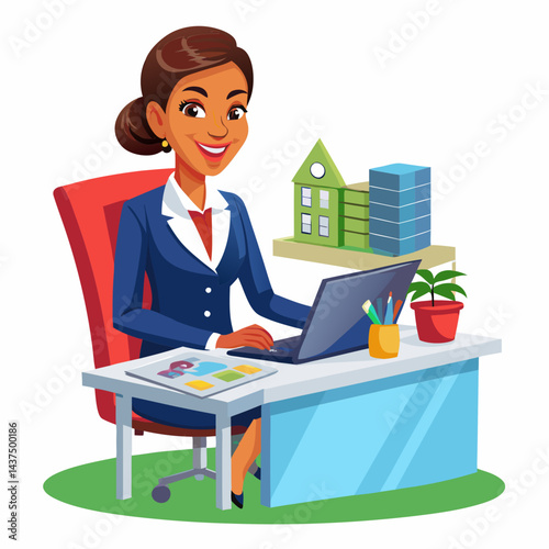 Indian female real estate agent reviewing property listings at her desk. Professional Indian woman analyzing real estate documents and discussing property options.

