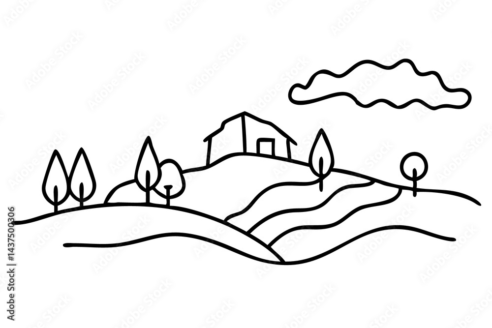 Fototapeta premium Rural Landscape Illustration, Countryside Scenery Sketch, Nature View Drawing