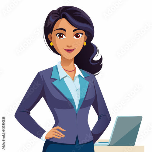 Indian female financial planner in a business suit standing confidently, ready for strategic planning