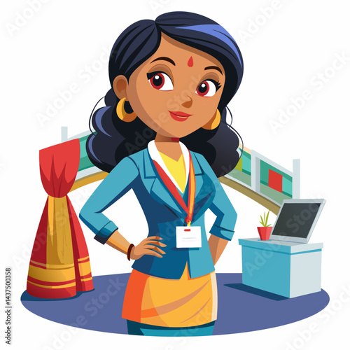 Indian trade show coordinator planning exhibit details and managing event logistics. Indian woman organizing booths and coordinating vendors at a trade show event."