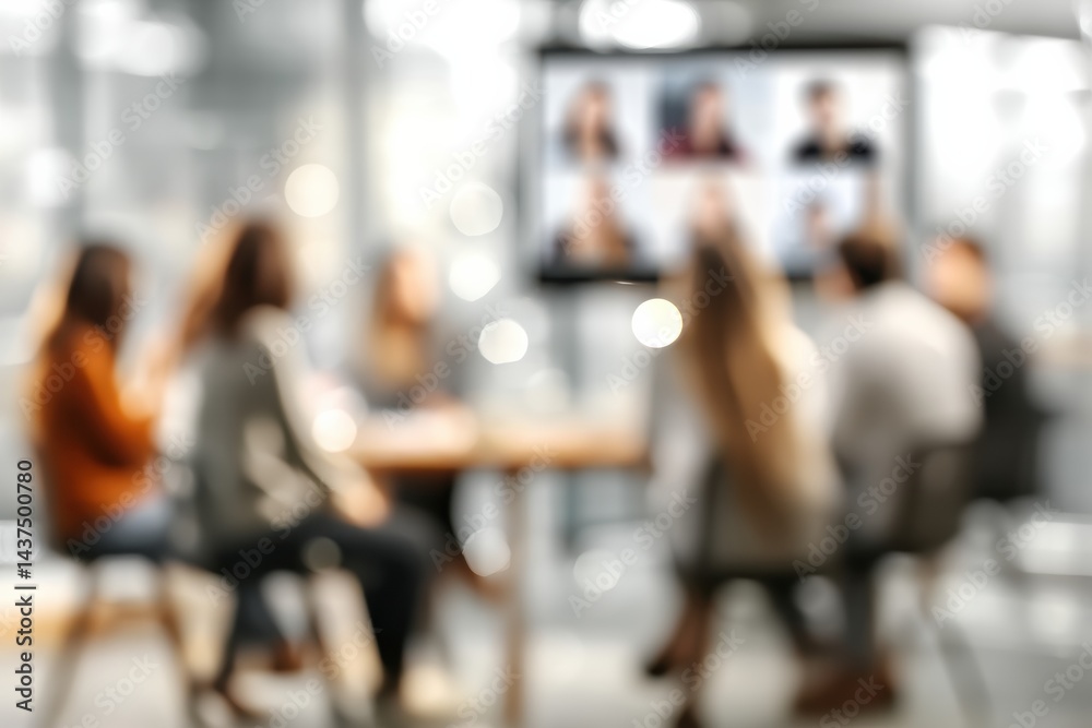 Fototapeta premium Participants Engaged in Interactive Zoom Meeting With Blurred Background and Floating Text Elements During a Collaborative Session