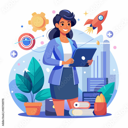 Indian product manager preparing for product launch in office, Indian female professional leading product development process, coordinating launch strategy and execution.