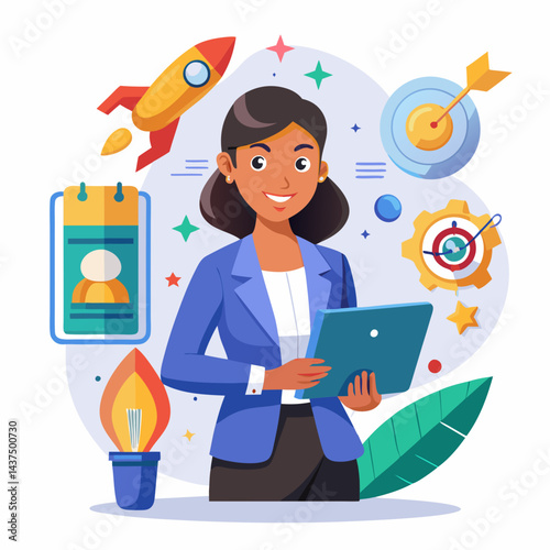 Indian product manager preparing for product launch in office, Indian female professional leading product development process, coordinating launch strategy and execution.