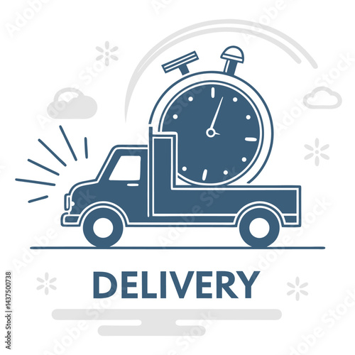 Silhouette of a Truck Vehicle Carrying a Clock Icon, Transport Concept on White