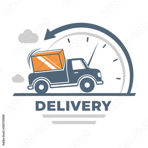 Truck Carrying Box Inside a Circular Clock with Arrow. Clouds and Delivery Word