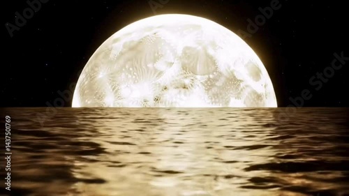 Beautiful Clear Full Moon Over the Sea Waves Looped 3d Animation Zoom Effect. Big Bright Close Luna in Warm Air Distortion Above Water Surface Waving Seamless with Reflections. 4k UHD 3840x2160.