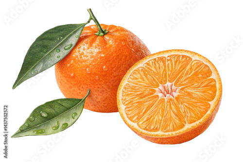 Fresh, sweet, ripe tangerines with green leaves are isolated on a white background