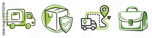 Secure parcel delivery concept with protective shield, classic green postman bag, delivery vehicle and route navigation icon set for safe shipping and packaging assurance