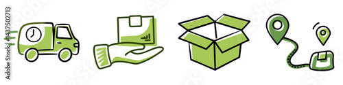 Navigating efficient delivery routes, fast delivery concept, hand delivering eco-friendly package box and open cardboard box  icon set for effective logistics and parcel management