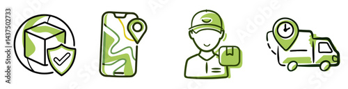 Secure package delivery, smiling courier with cap holding parcel,  smartphone map and gps pin and last mile delivery service icon set for package delivery