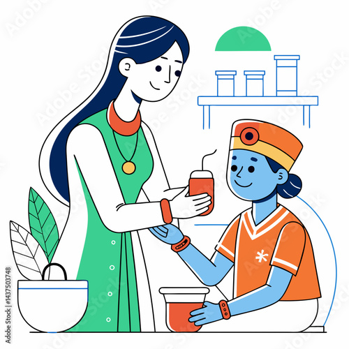 Indian nurse assisting patient with medicine in hospital ward.