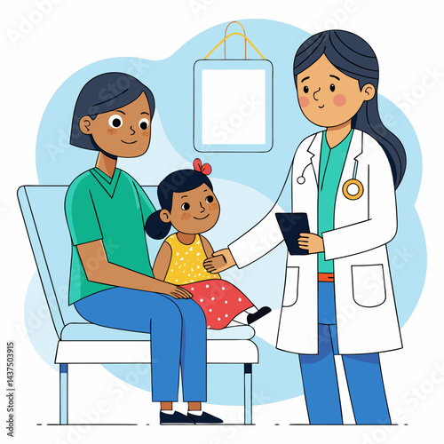 Minimalist Line Art Of Indian pediatrician gently examining child in hospital setting. 