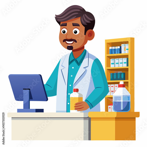 Indian pharmacist preparing prescription medication at counter, health and medical profession, pharmacy worker.

