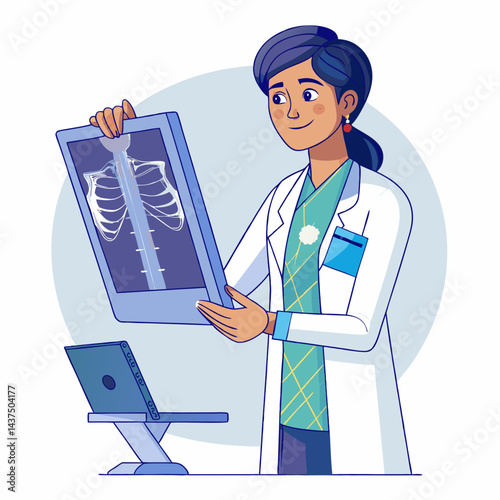  Indian female radiologist reviewing X-rays on a lightbox in a medical office. Indian doctor analyzing X-ray images, healthcare professional working in a hospital.