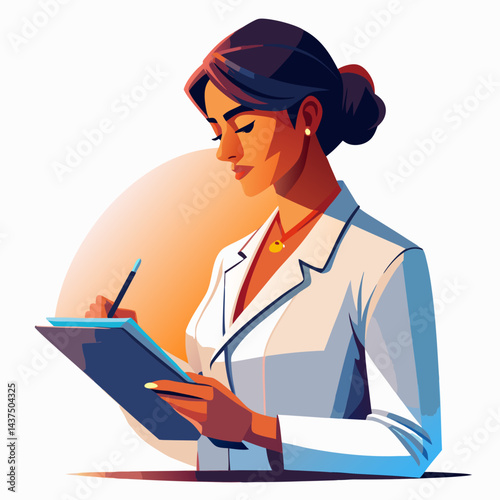 Flat vector of Indian medical student taking notes during rounds, focused on studying