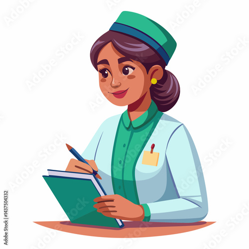 Indian medical student taking notes during rounds, focused on studying