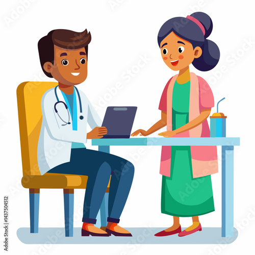  Indian gynecologist consulting with patient in clinic.